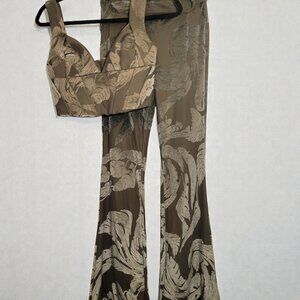 Olive Print Two Piece Set Corset Top & Bootcut Pants